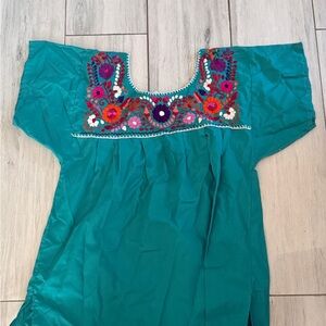 Embroidered blouse, peasant, floral, mexican blouse, hand made teal small